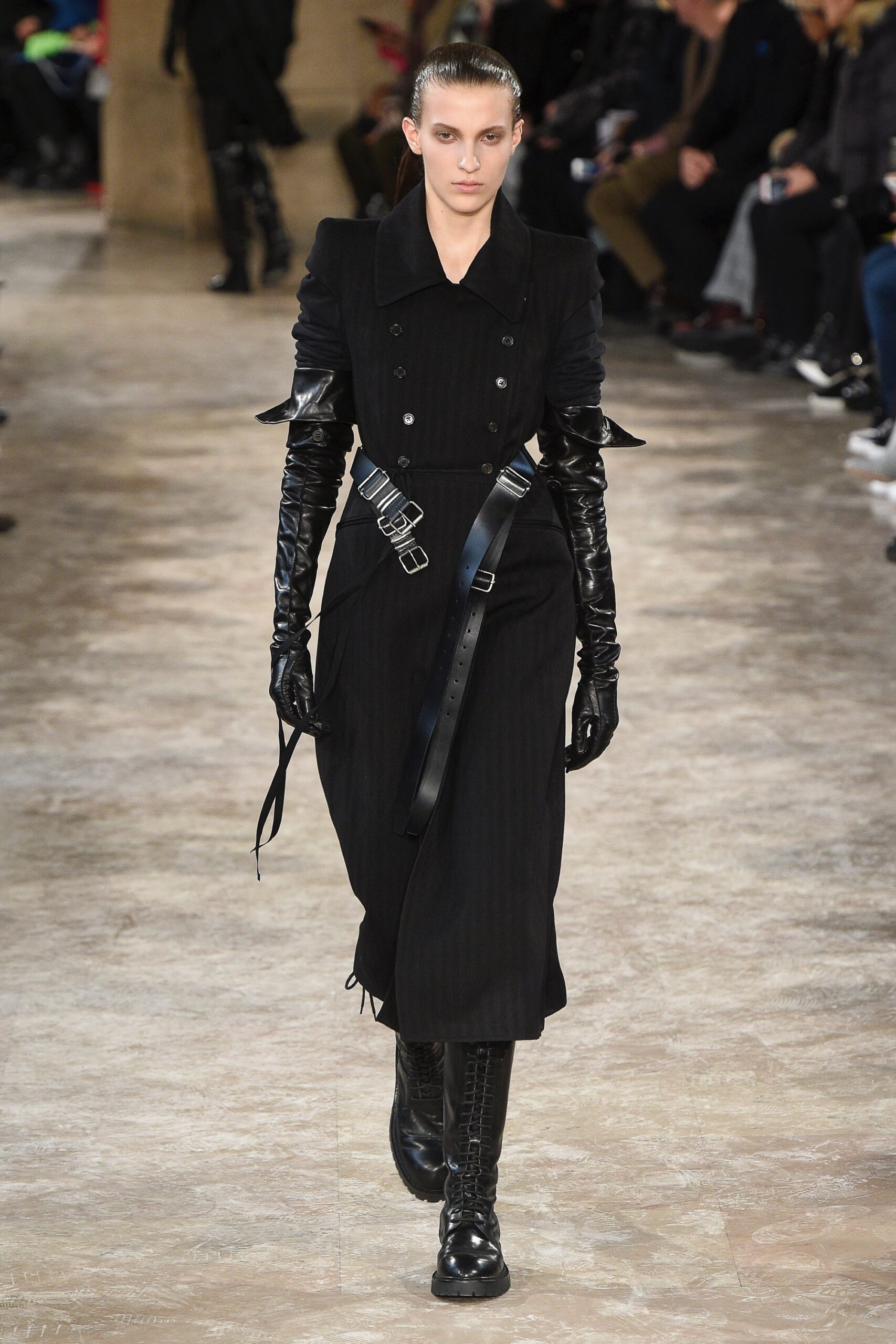 black fitted midi dress with gloves