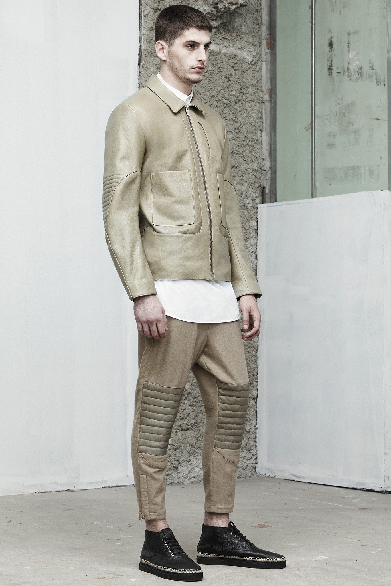 beige leather jacket with white shirt