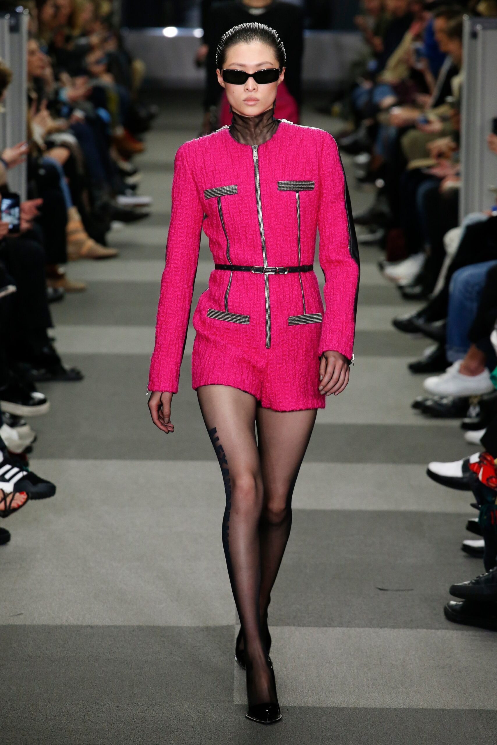 pink tweed long-sleeve collared fitted zippered pencil dress