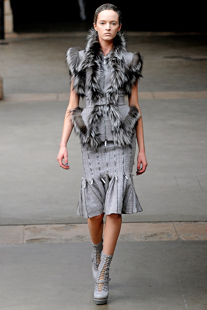 gray fur sleeveless collared fitted pleated tiered dress