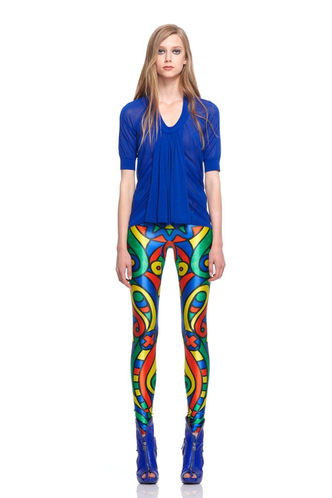 blue fitted top with multi leggings