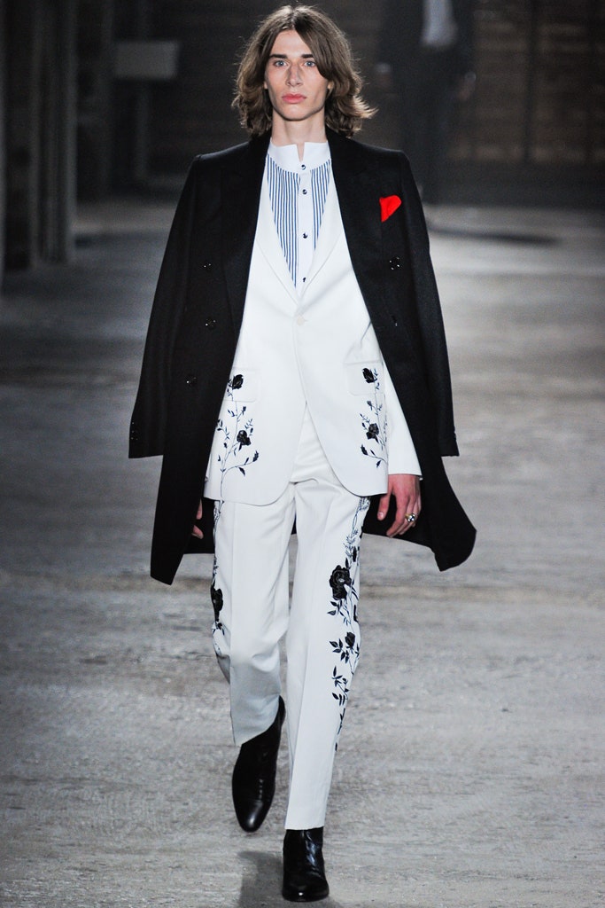 black coat white tailored suit