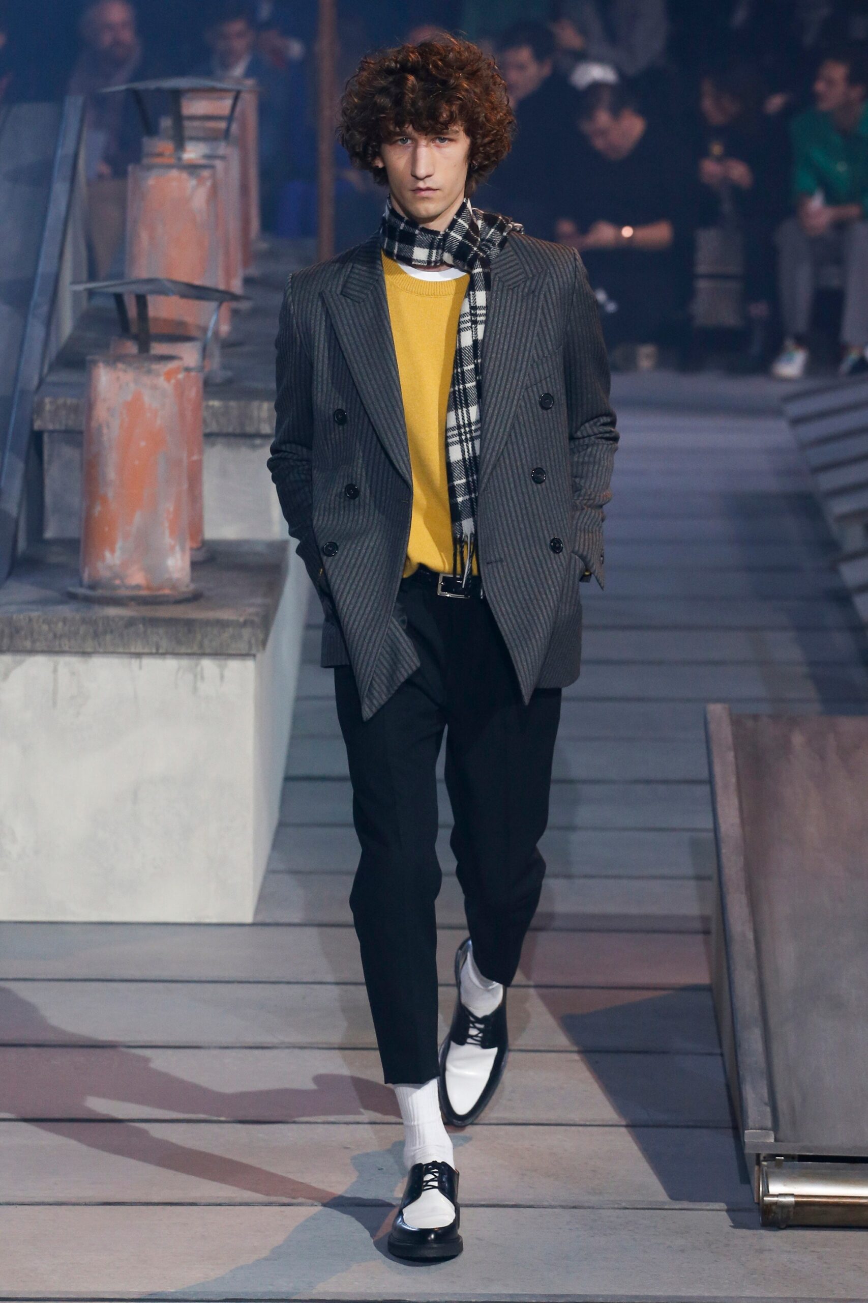 gray striped blazer with yellow sweater