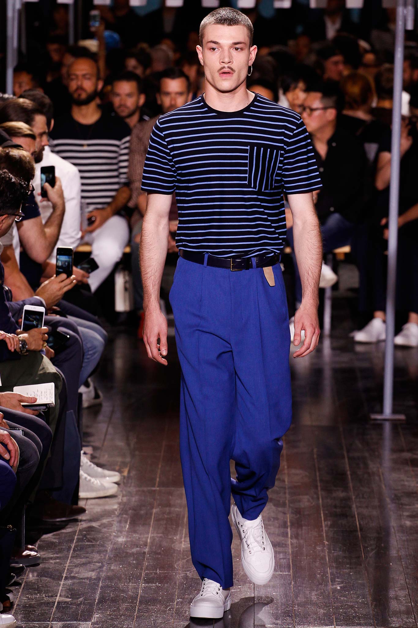 blue striped t-shirt with tailored pants