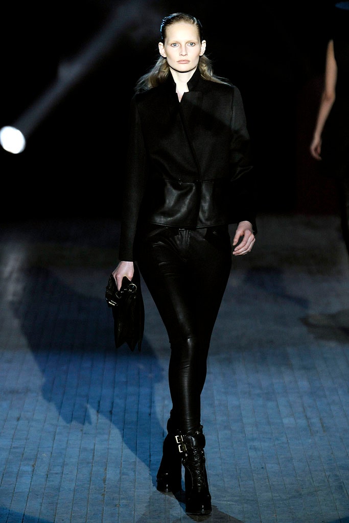 black leather fitted jacket and pants