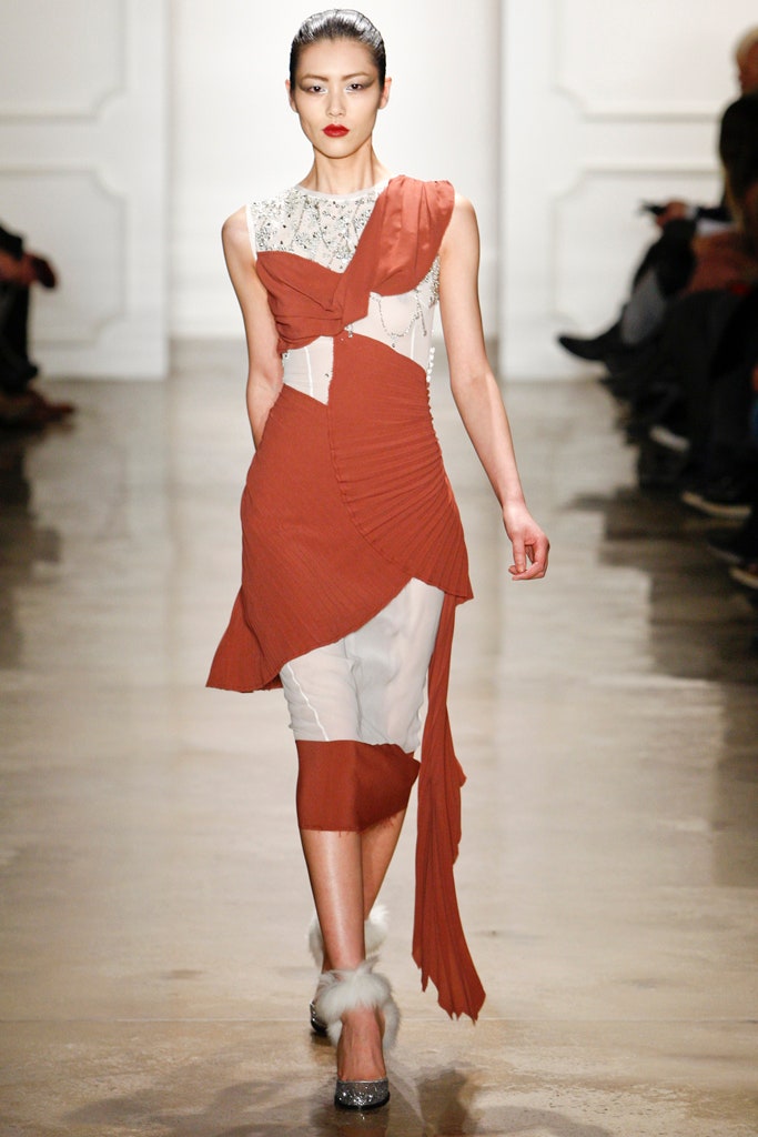 red and white draped midi dress