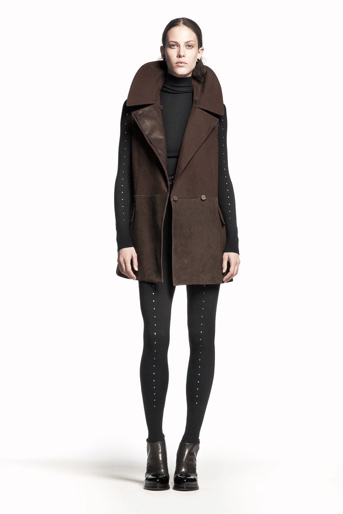 brown suede long-sleeve collared fitted buttoned vest