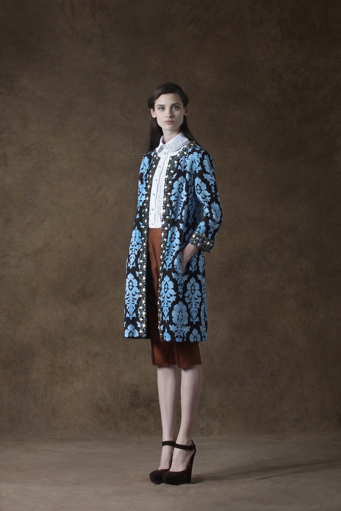 blue printed coat with white blouse