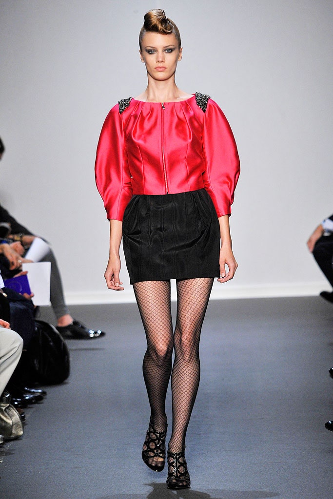 red silk long-sleeve collared fitted padded beaded blouse