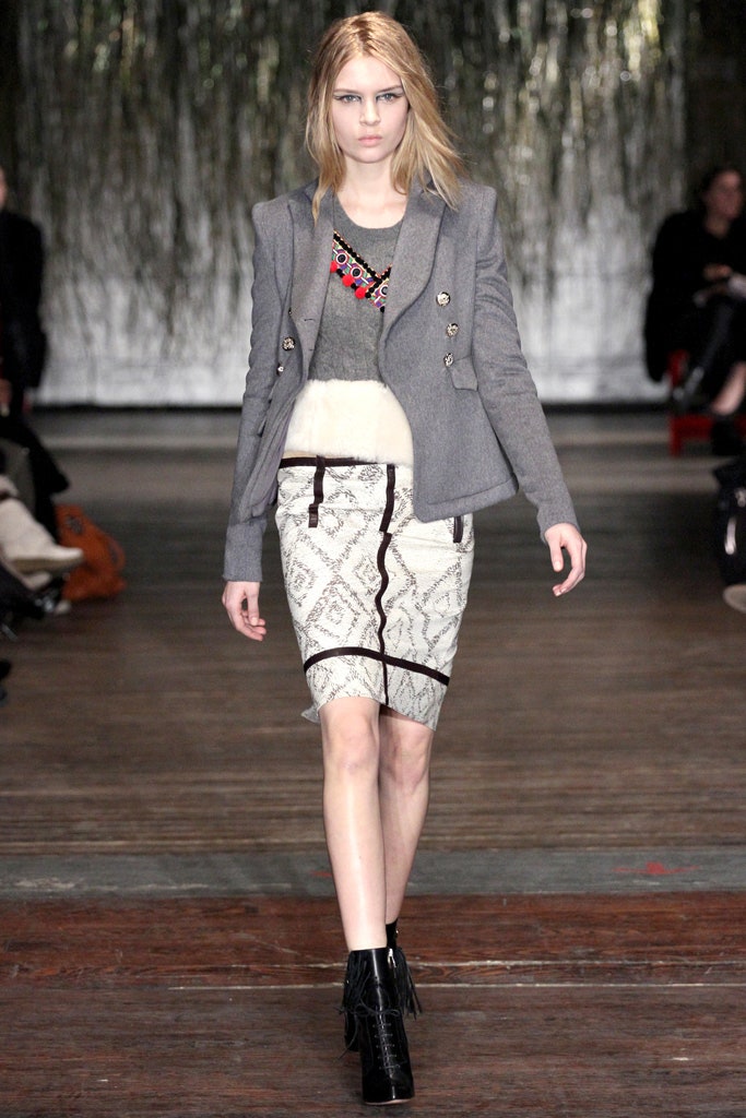 gray tailored blazer and pencil skirt