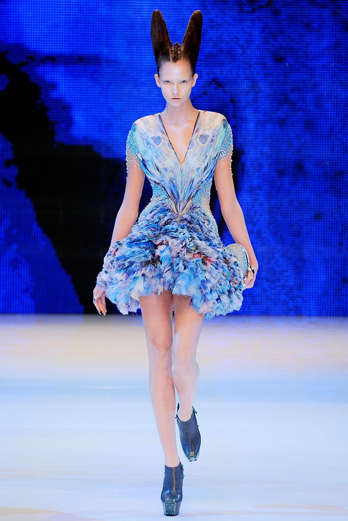 blue silk ruffled mini dress