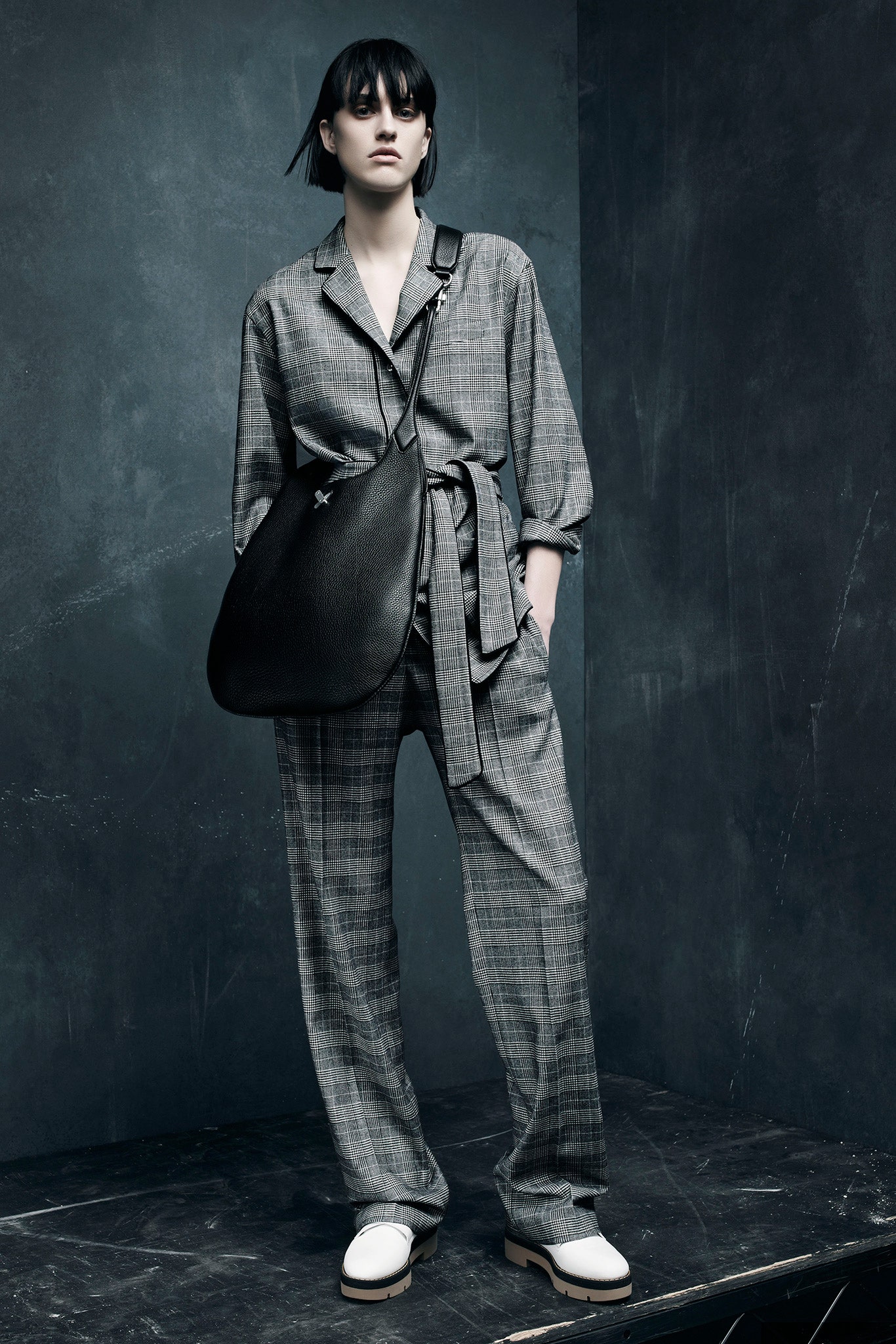 gray relaxed suit with oversized bag