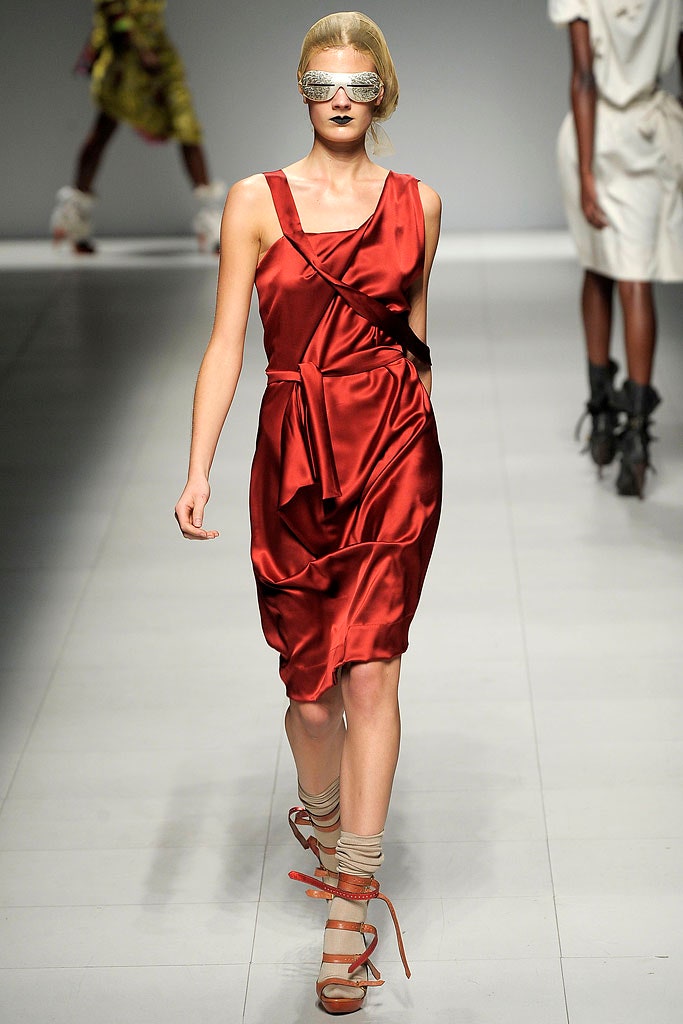 fitted red silk midi dress