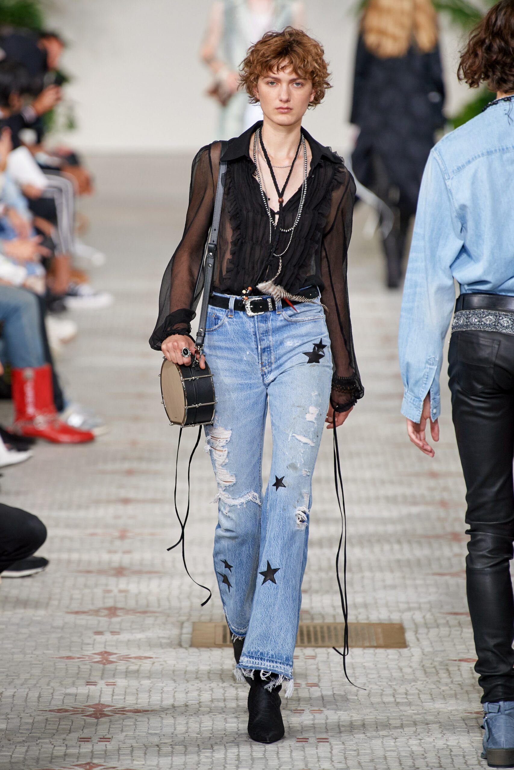 blue denim relaxed distressed straight-leg jeans