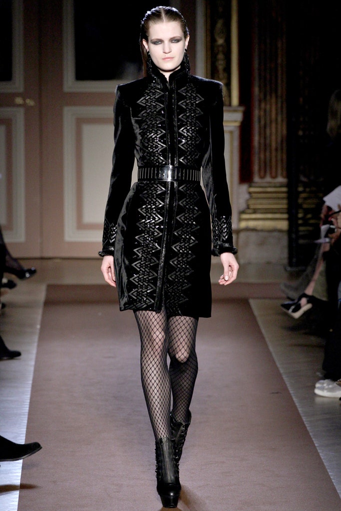 black velvet long-sleeve collared fitted embroidered zippered dress