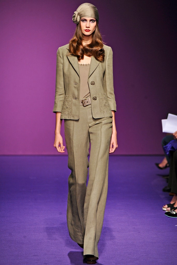 beige tailored suit with brown top