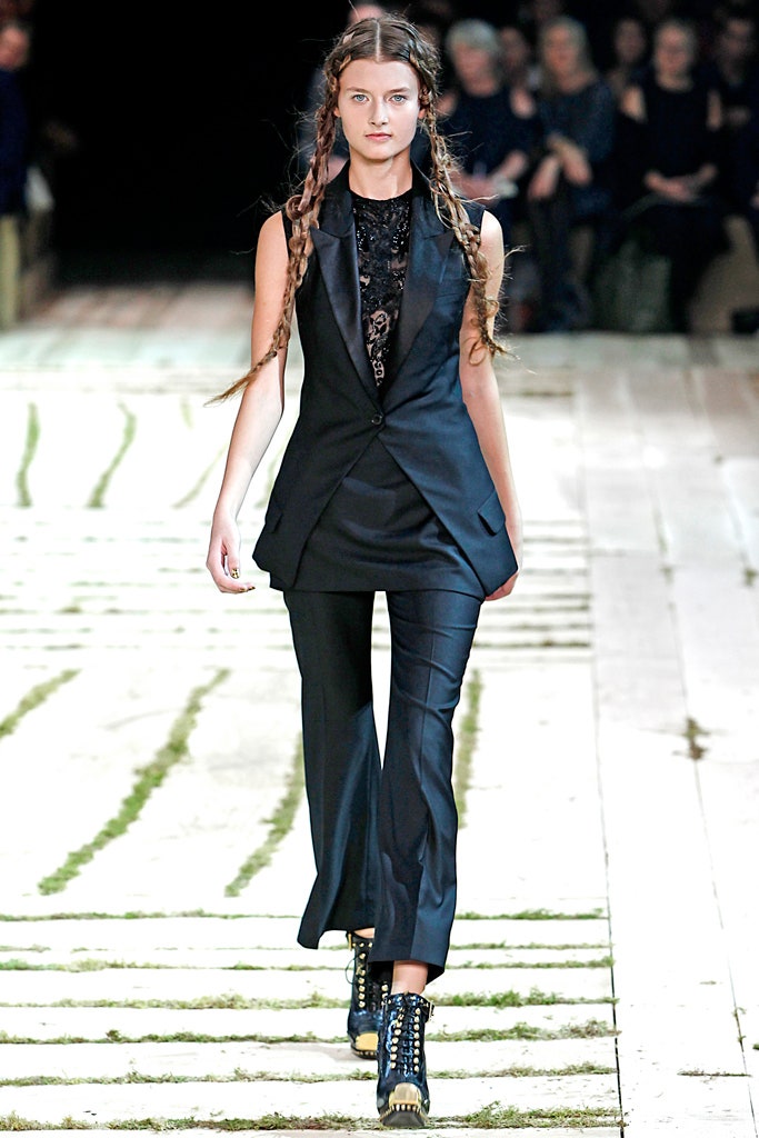 black silk long-sleeve collared fitted structured buttoned suit