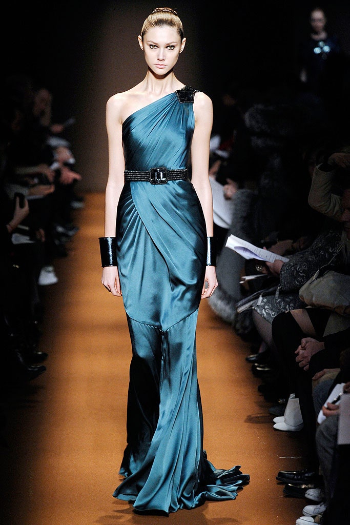 blue silk one-shoulder gown