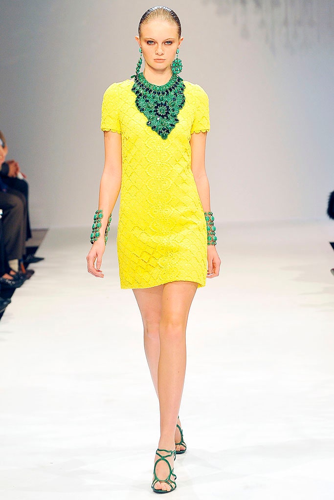 fitted yellow embroidered mini-dress