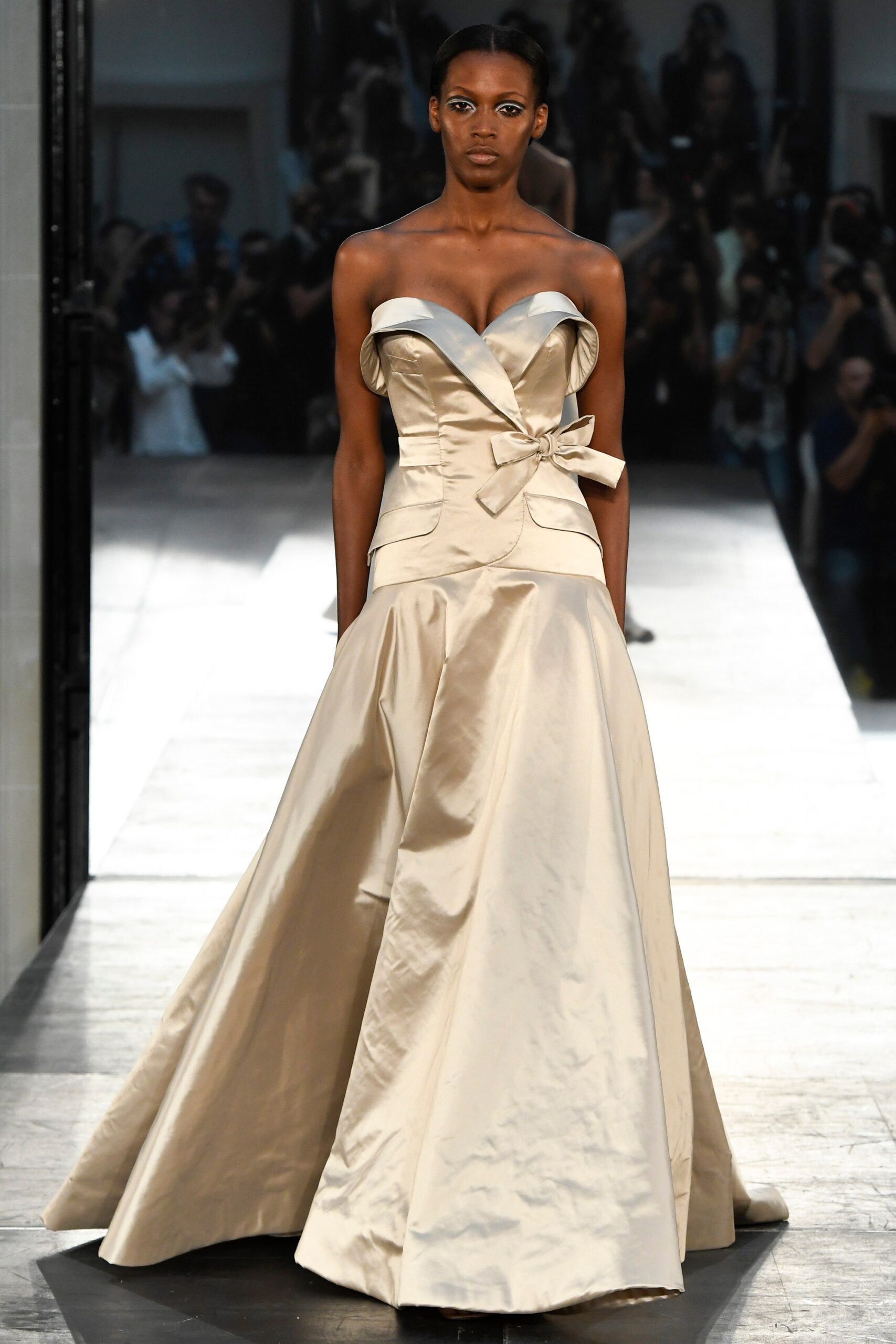 beige silk strapless gown
