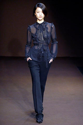 black silk fitted blouse and pants