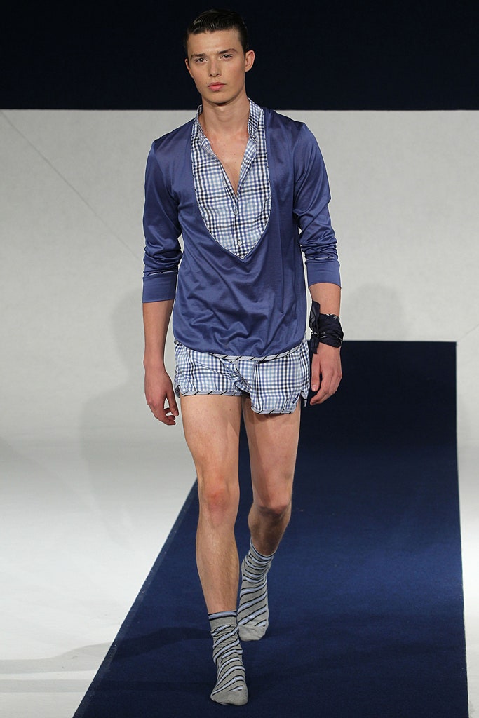 blue checked shirt and white shorts