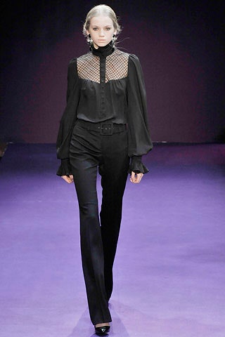 black silk fitted blouse and tailored pants