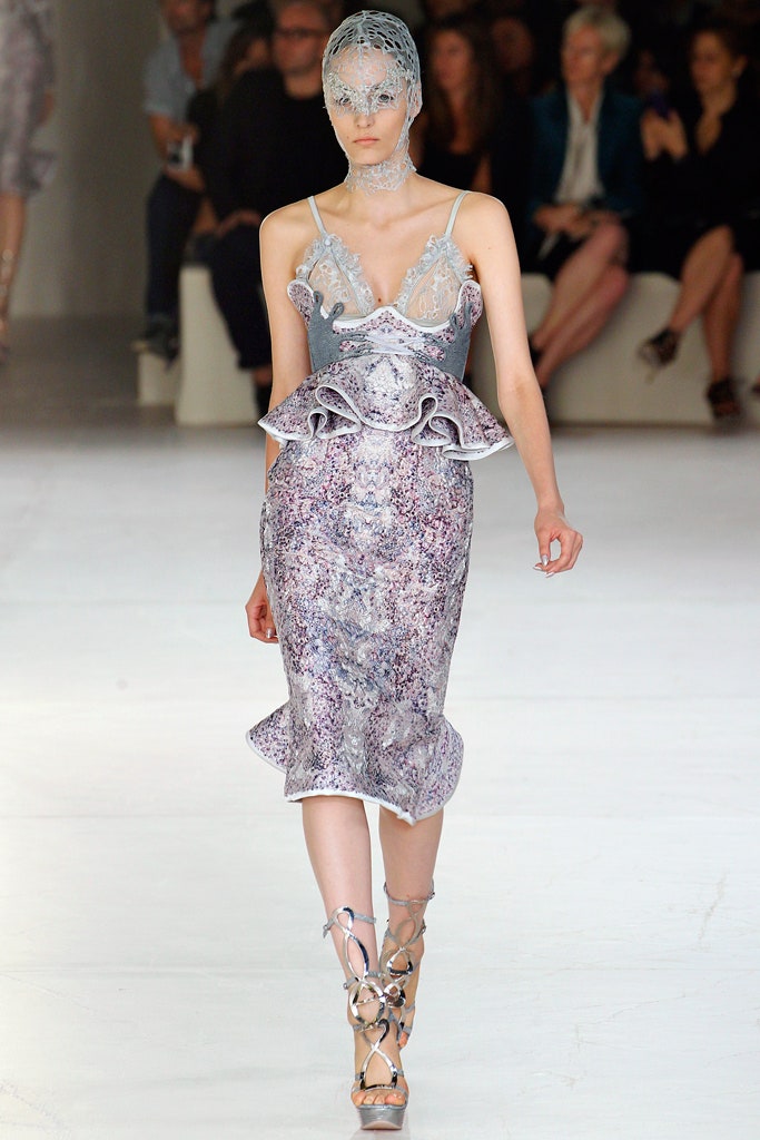 fitted purple gray ruffled dress