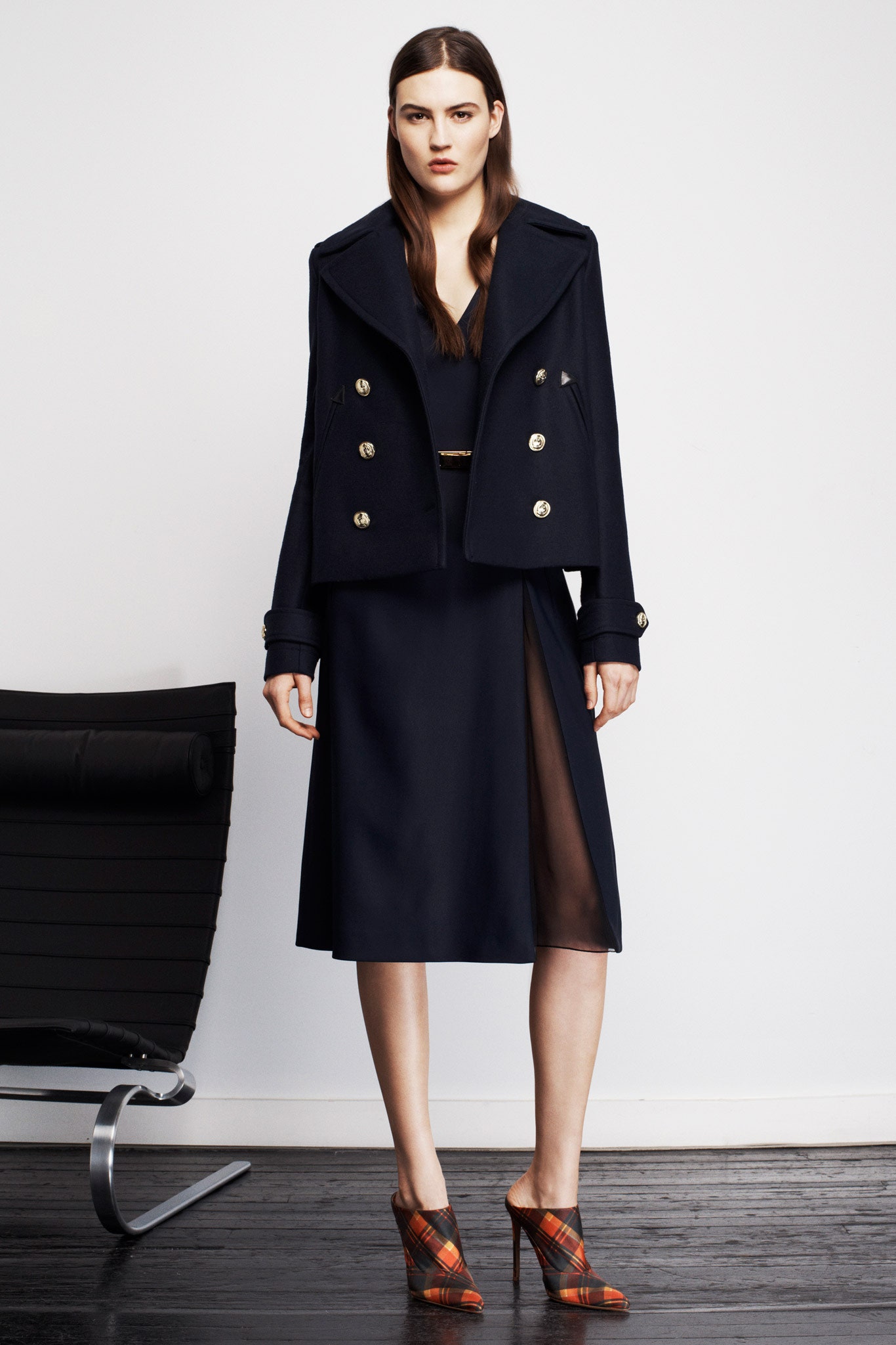 blue wool long-sleeve collared structured buttoned jacket