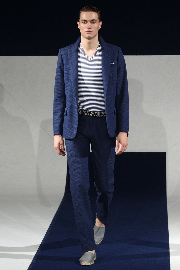 blue tailored blazer with striped shirt