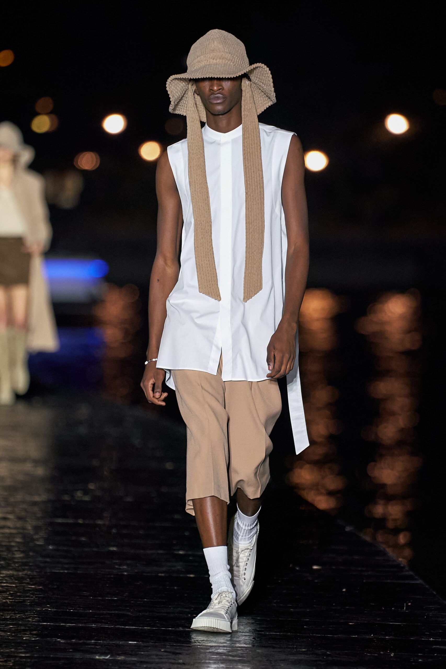 white shirt beige shorts outfit