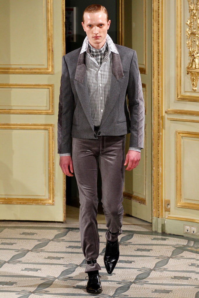 gray tailored jacket with checked shirt