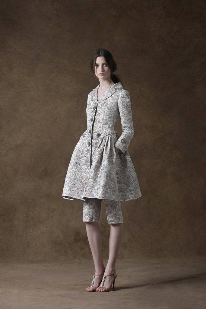 beige embroidered coat with shorts