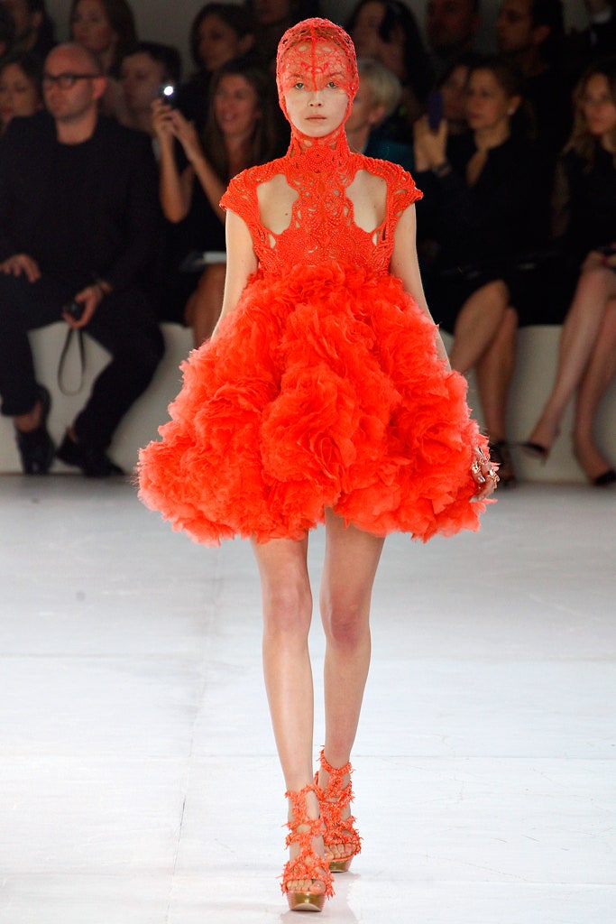 orange silk sleeveless high-neck fitted ruffled tiered dress