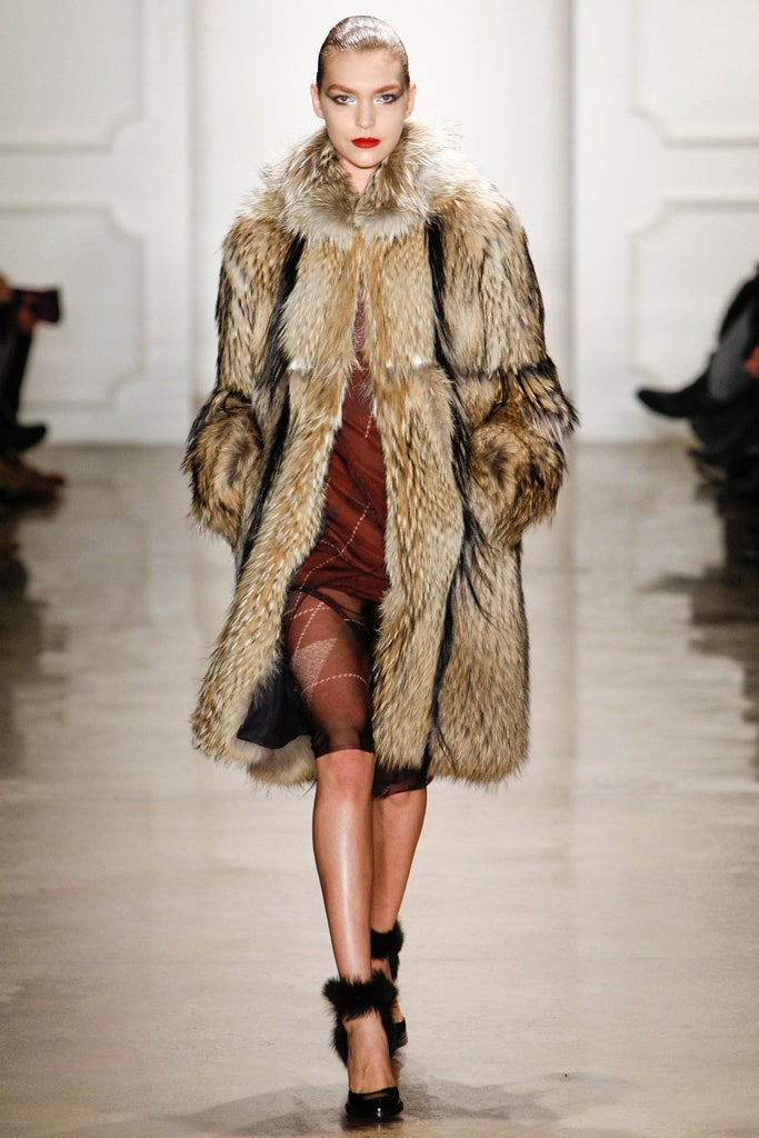 brown fur coat with silk dress