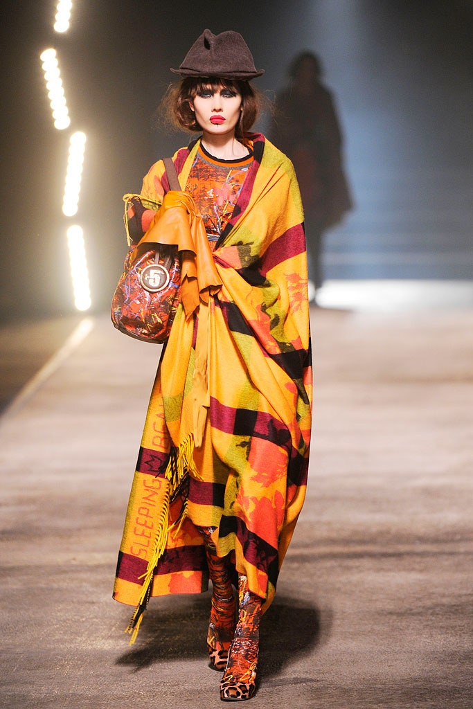 orange wool relaxed fringed printed poncho