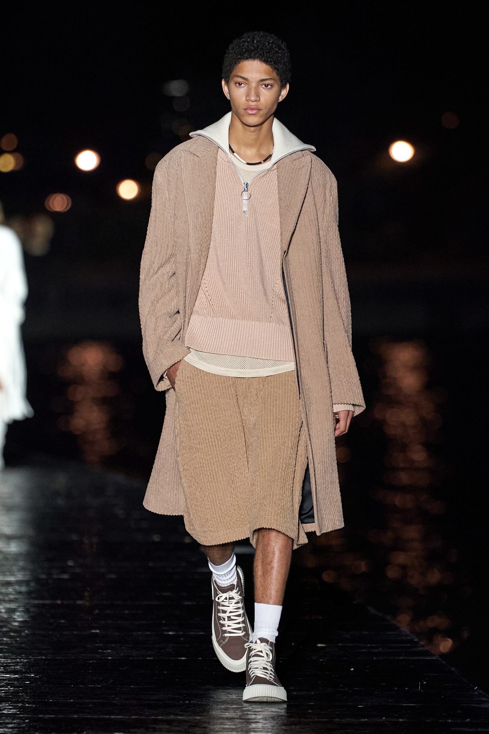 brown relaxed coat with beige sweater