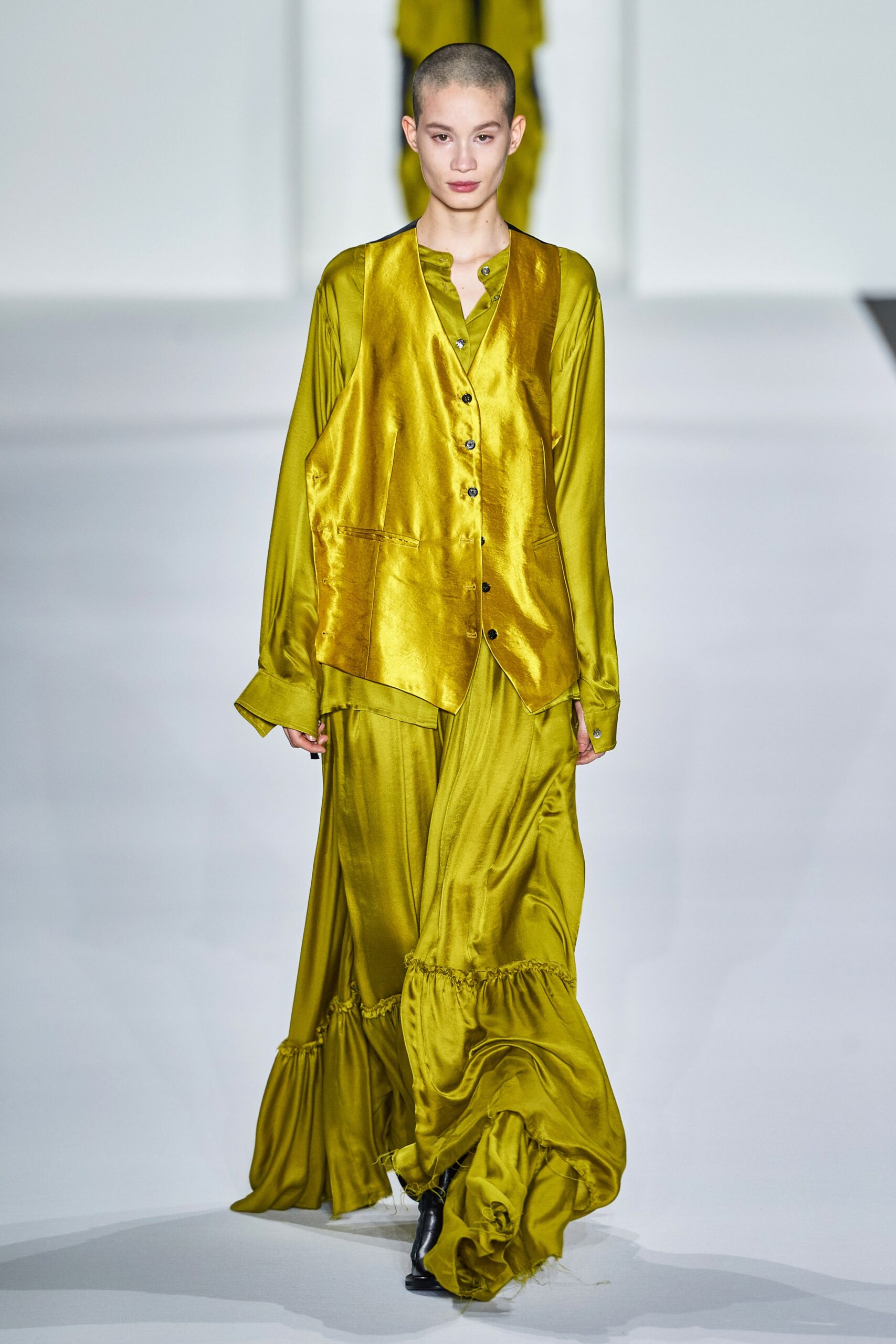 yellow silk long-sleeve collared relaxed buttoned vest