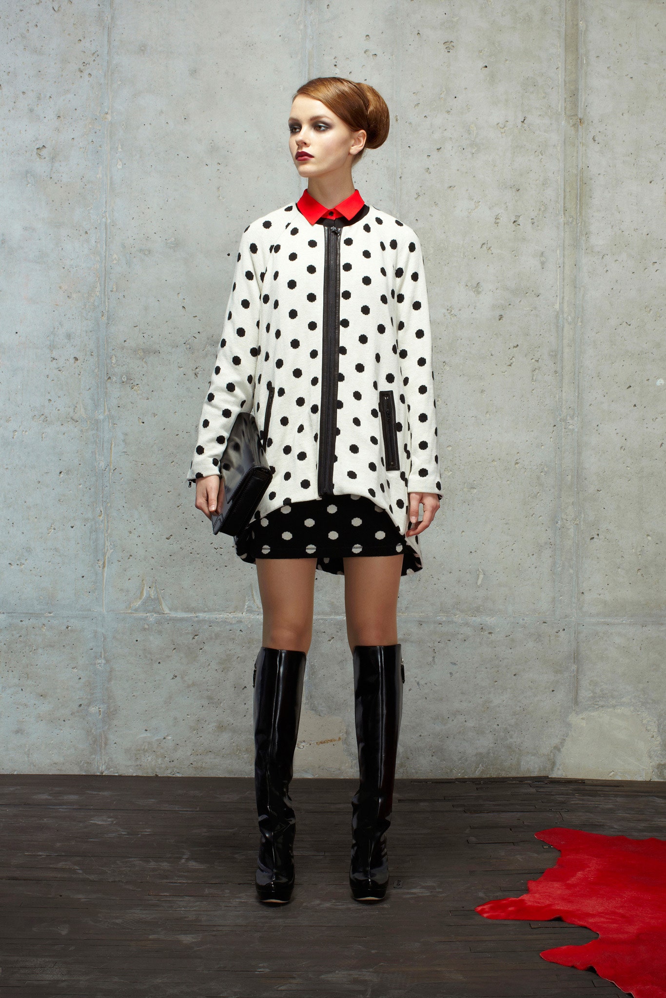 polka-dot jacket and mini skirt