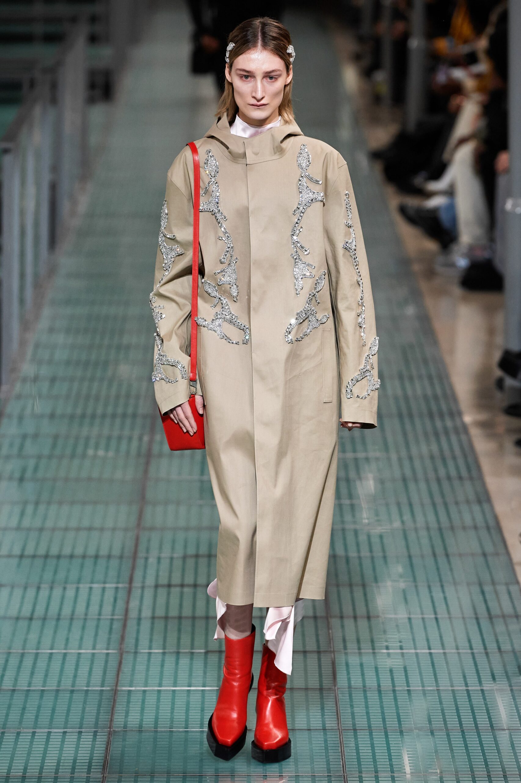 beige cotton long-sleeve collared relaxed buttoned embroidered coat