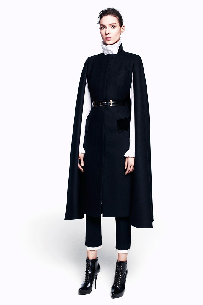 black wool long-sleeve collared fitted belted cape
