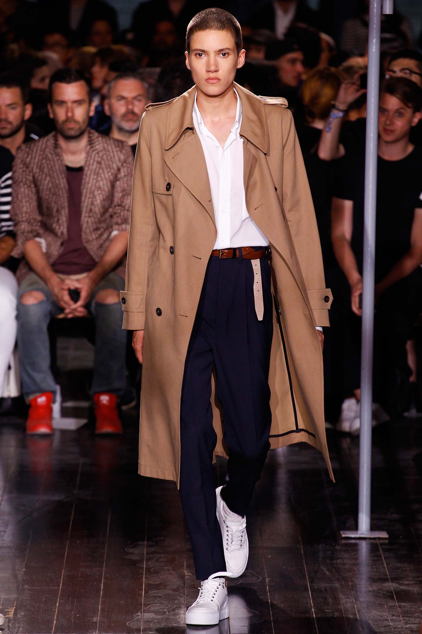 beige trench coat with white shirt