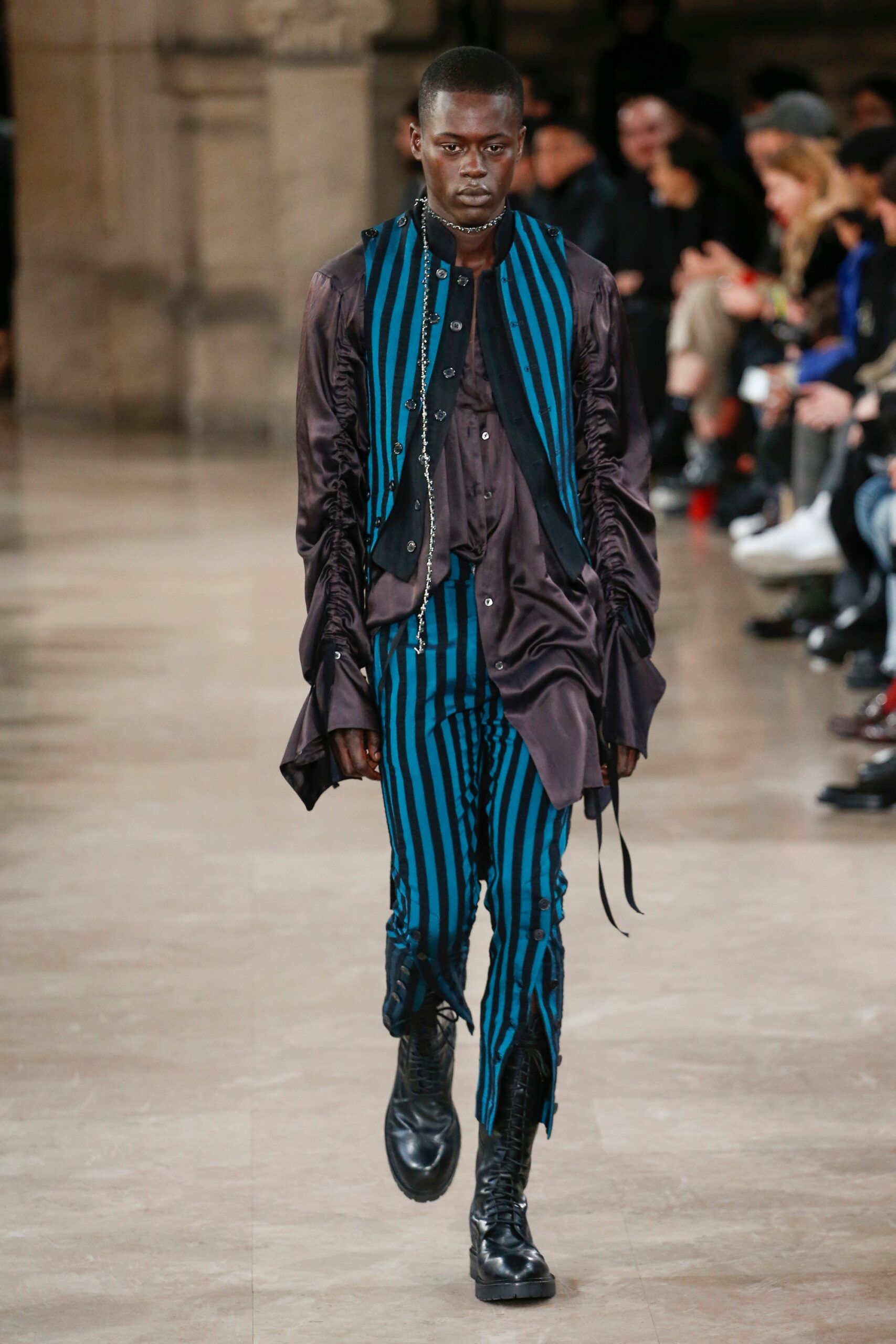 black and blue striped vest and pants