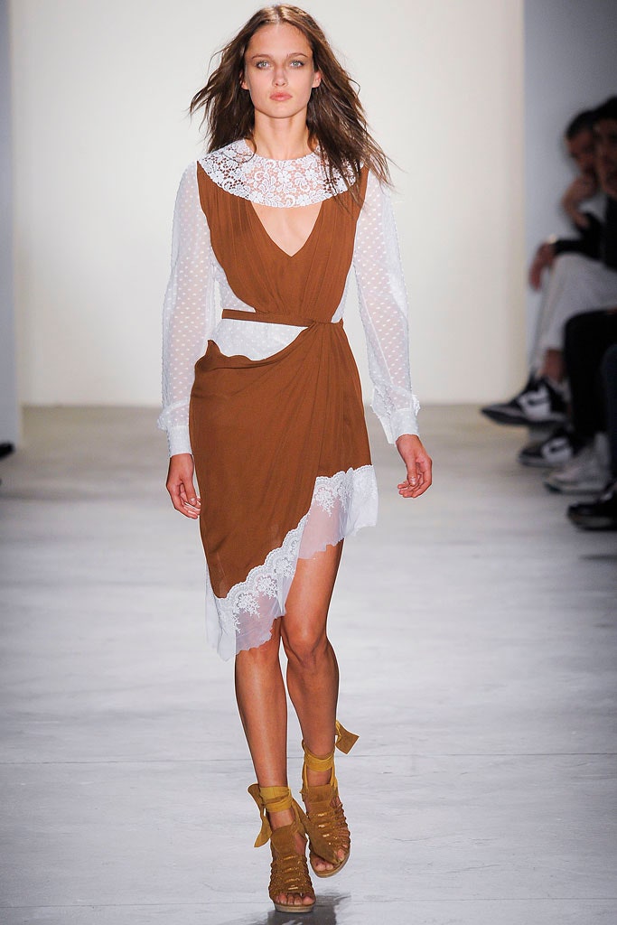 brown silk sleeveless v-neck fitted draped layered dress