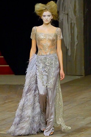 silver lace gown with gray cape