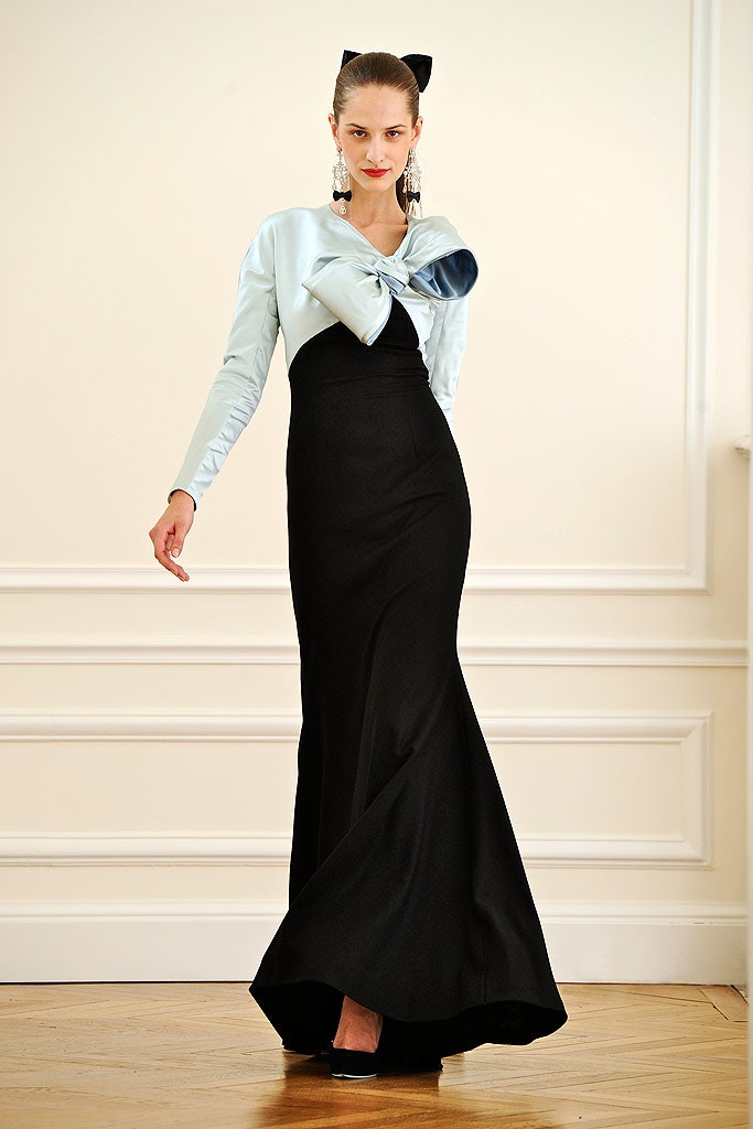 black silk fitted gown with blue blouse