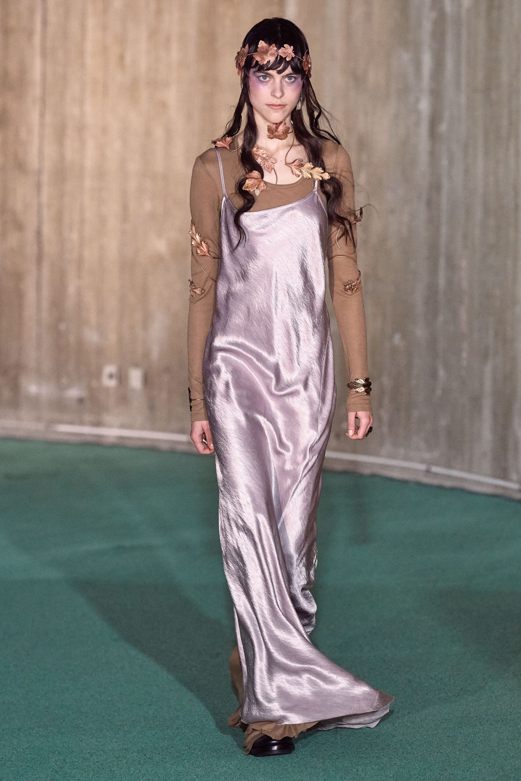 purple silk midi dress and beige top