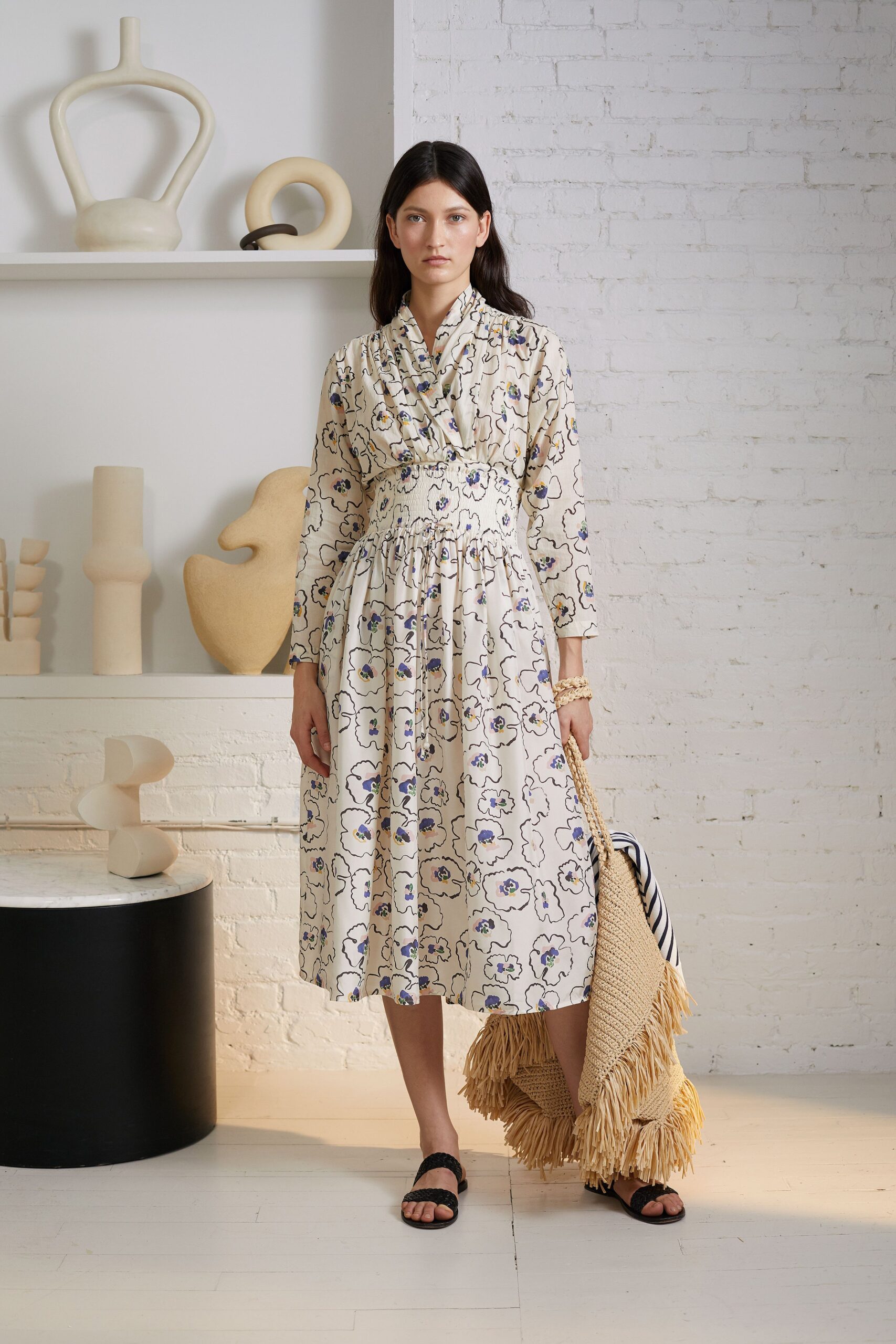 relaxed white and blue printed midi dress