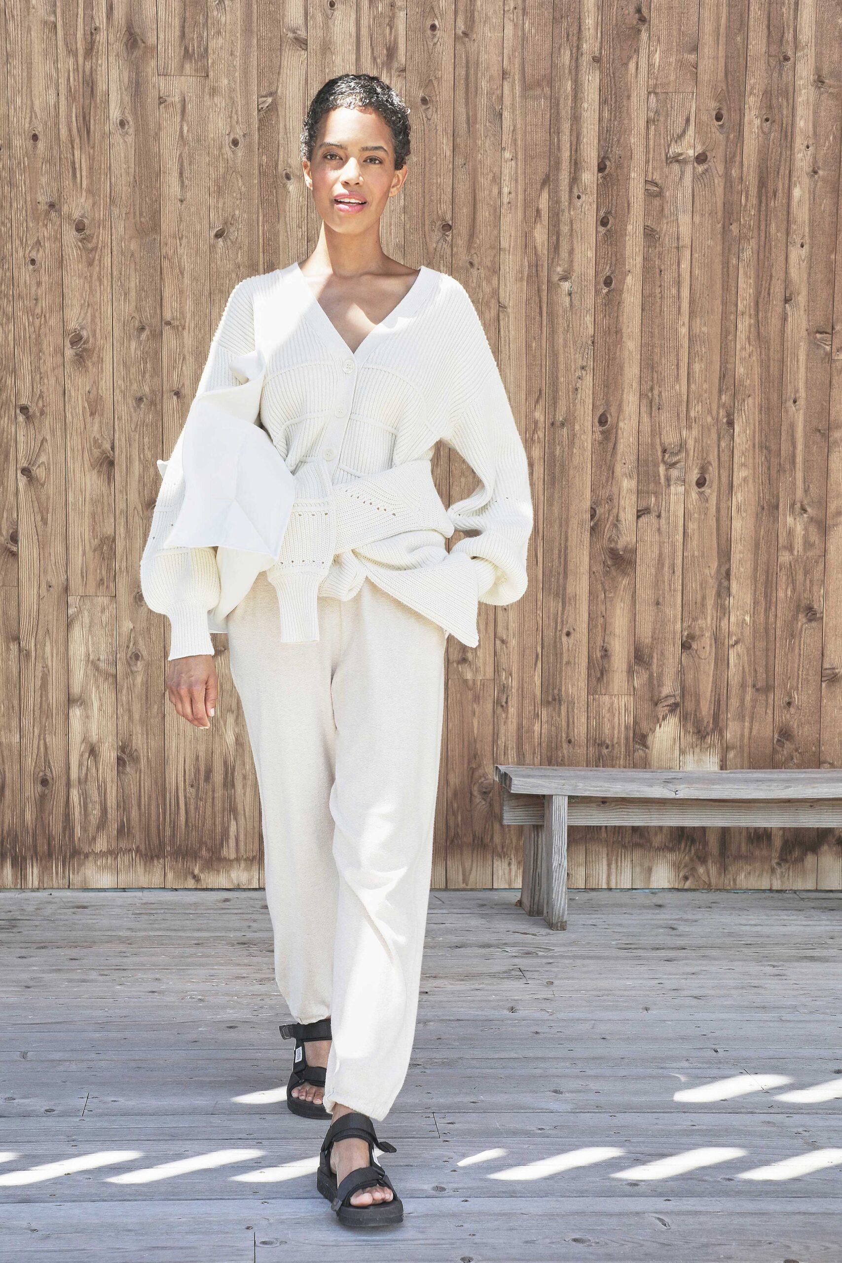 white relaxed sweater beige pants