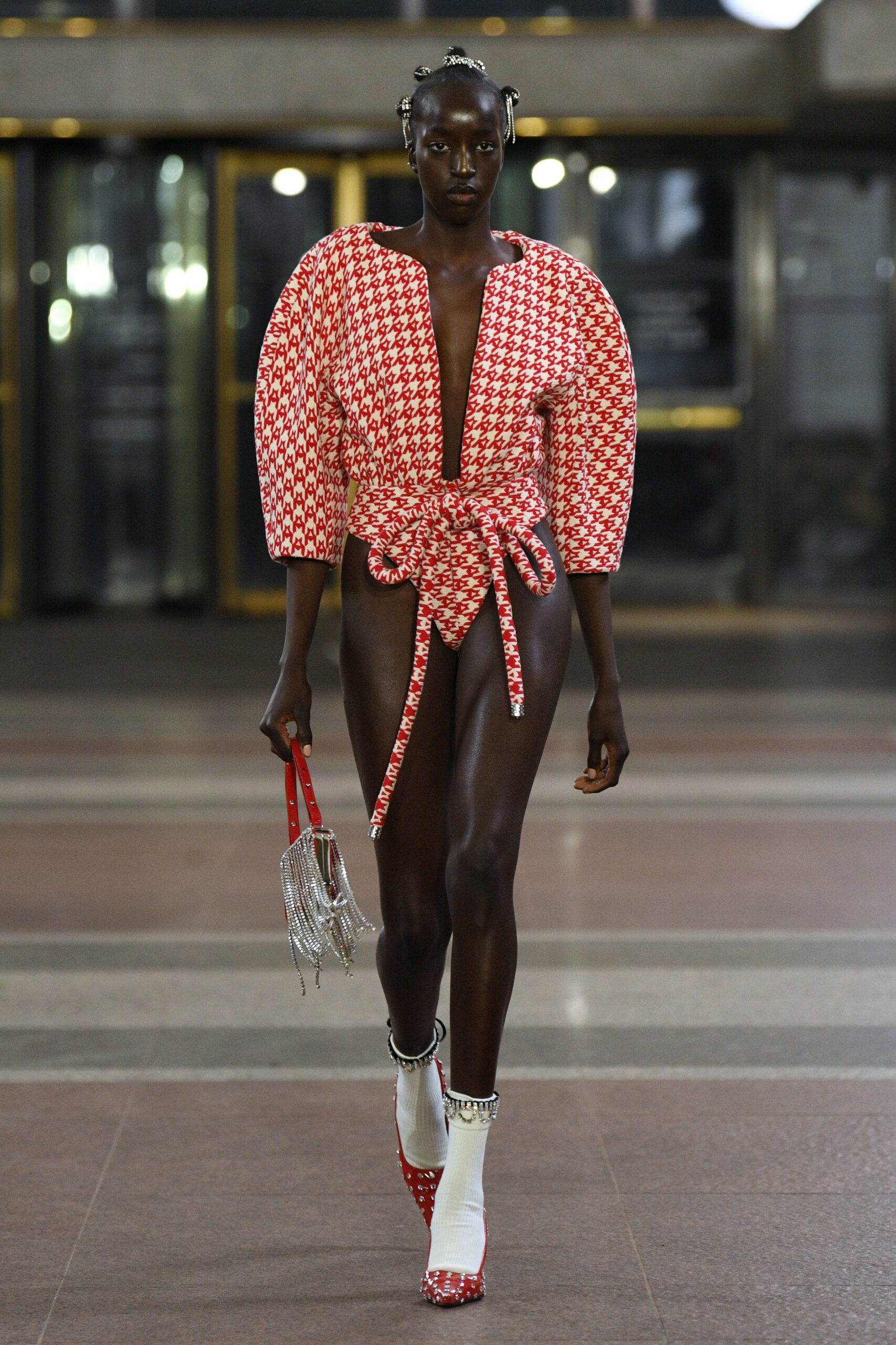 red and white printed jumpsuit